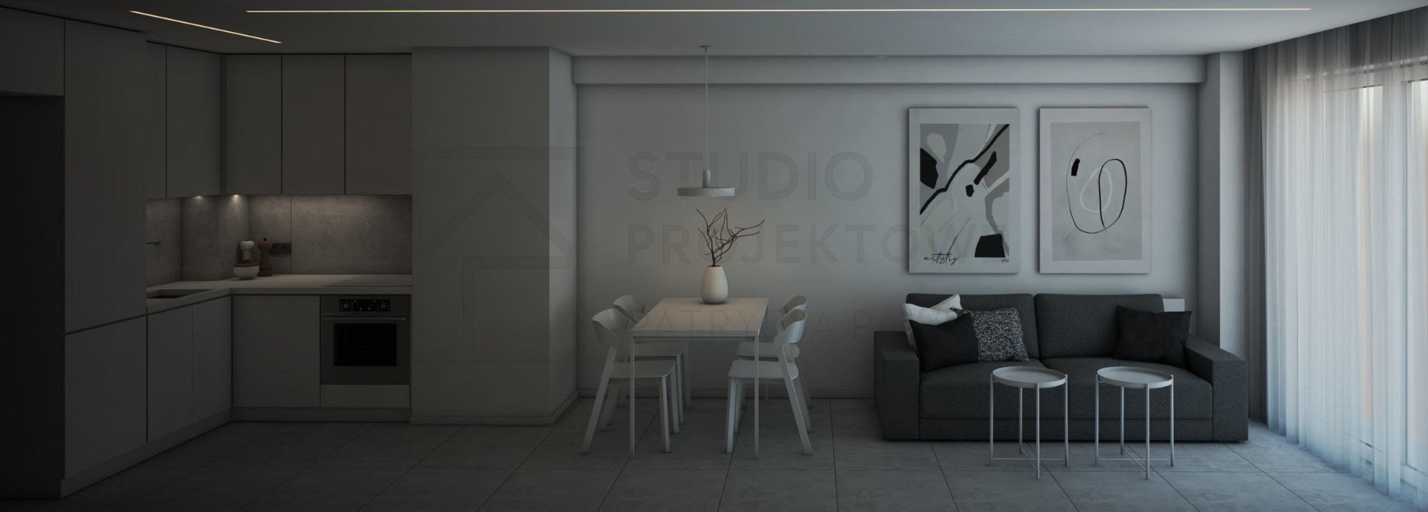 Nowoczesne wnętrze: minimalistyczna kuchnia z białymi szafkami, stół z krzesłami, szara sofa z poduszkami i abstrakcyjne obrazy na ścianie. Całość w stonowanej kolorystyce.
