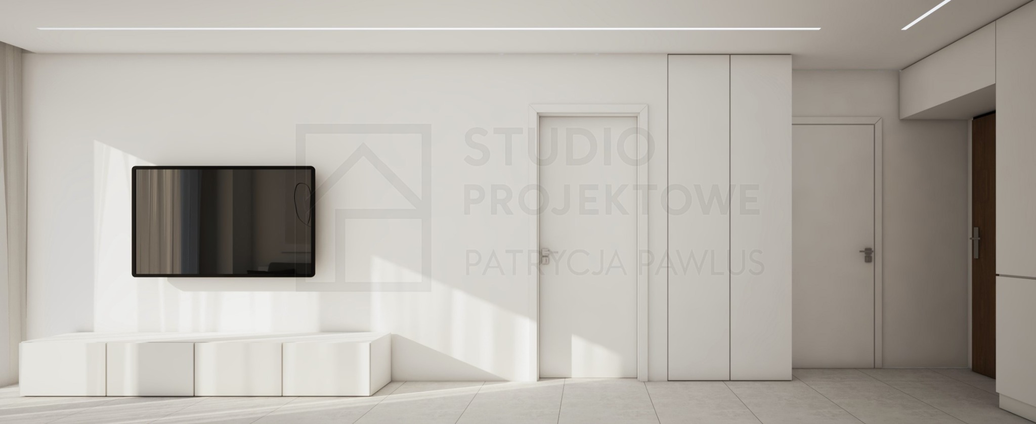 Minimalistyczny salon z białymi meblami i telewizorem na ścianie. Proste linie, stonowana kolorystyka i subtelne oświetlenie tworzą nowoczesną przestrzeń.