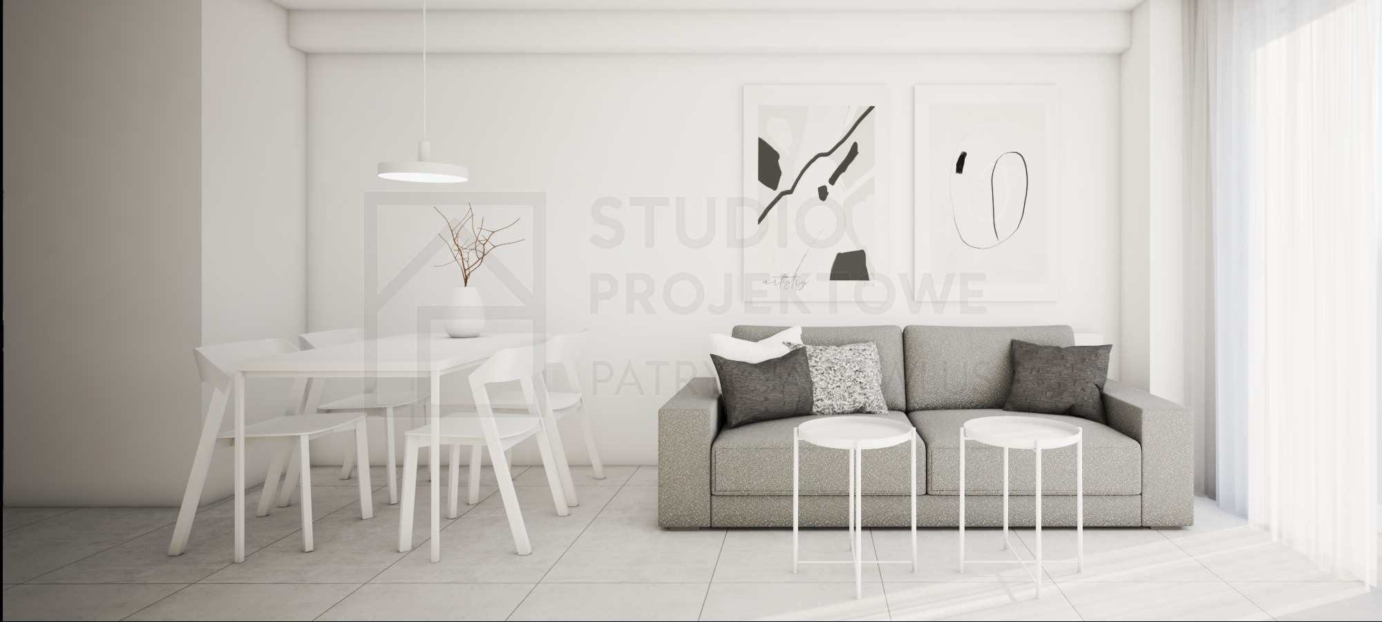 Jasne wnętrze z szarą sofą, białym stołem i krzesłami. Na ścianach minimalistyczne grafiki. Całość utrzymana w stonowanej, nowoczesnej stylistyce.