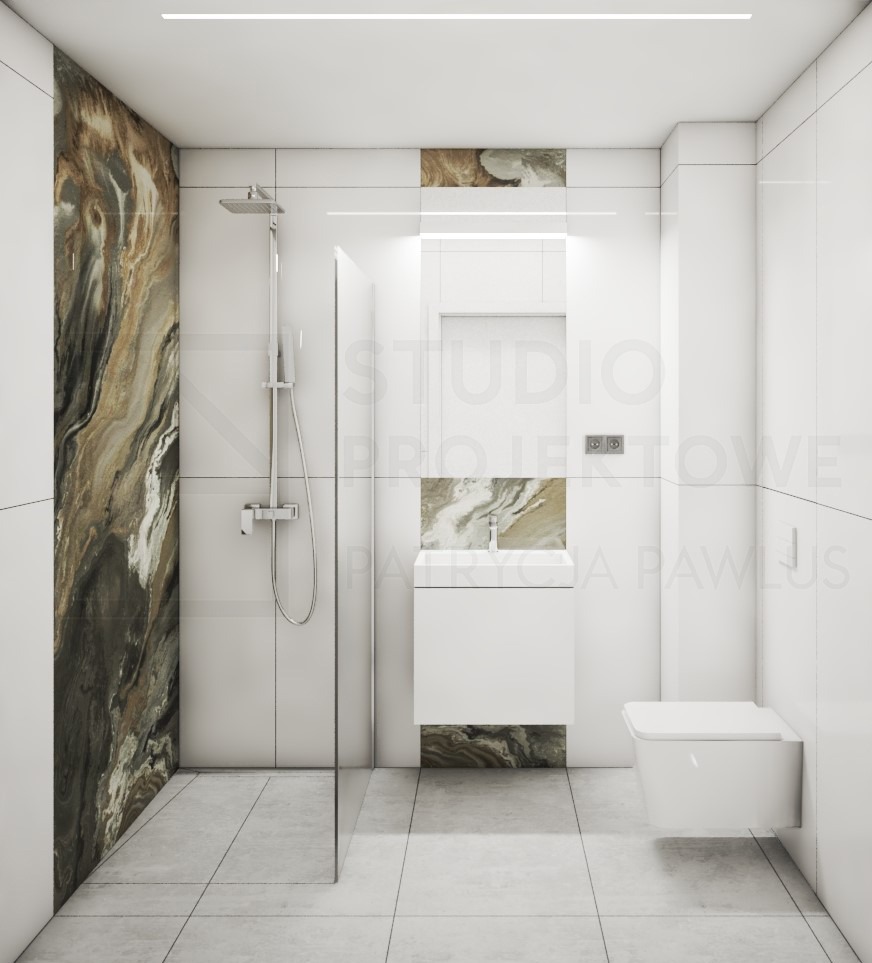 Minimalistyczna łazienka z kabiną typu walk-in, białą ceramiką i akcentami marmuru w odcieniach brązu. Nowoczesne oświetlenie liniowe podkreśla czystość form.