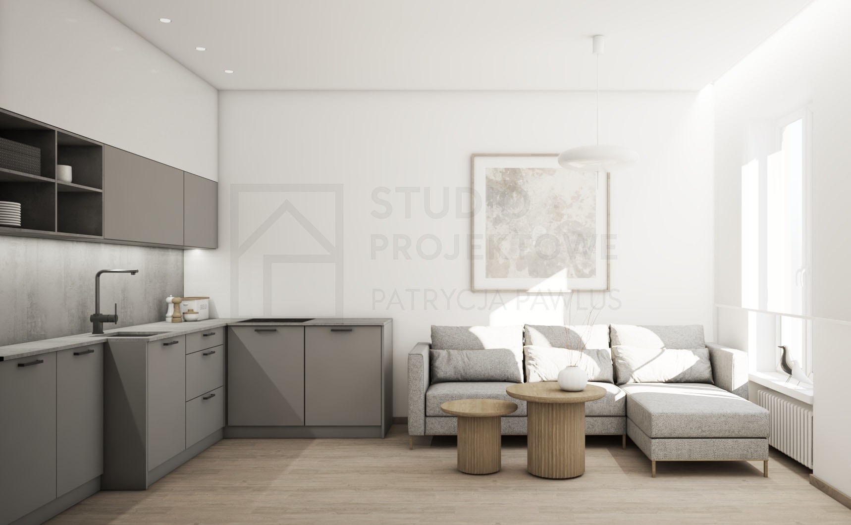 Jasne wnętrze: szara kuchnia z drewnianym blatem, sofa z stolikami kawowymi. Minimalistyczny design, subtelne oświetlenie, dekoracyjny obraz na ścianie.