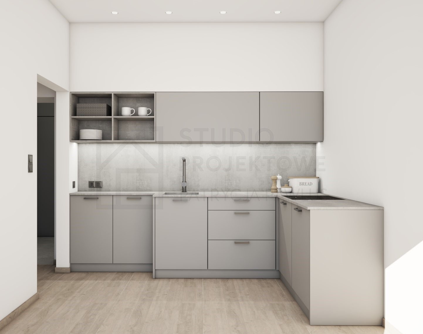 Minimalistyczna, szara kuchnia z drewnianą podłogą. Uwagę przykuwa oświetlenie LED podszafkowe i brak uchwytów w szafkach dolnych.