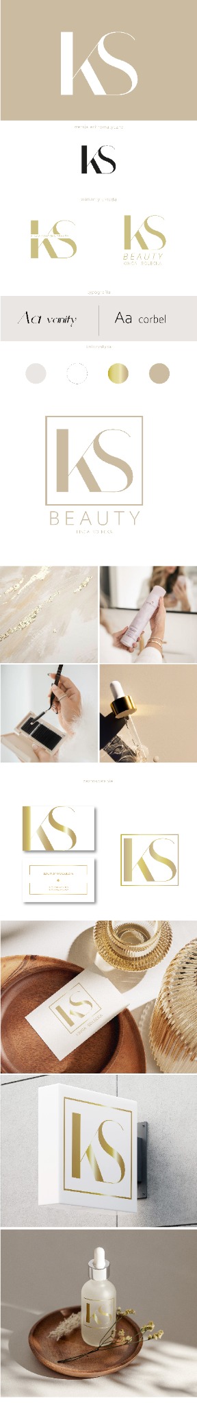 Prezentacja identyfikacji wizualnej dla marki kosmetycznej: logo KS w różnych wariantach, typografia, paleta kolorów, wizualizacja na wizytówce i produkcie. Elegancki design.