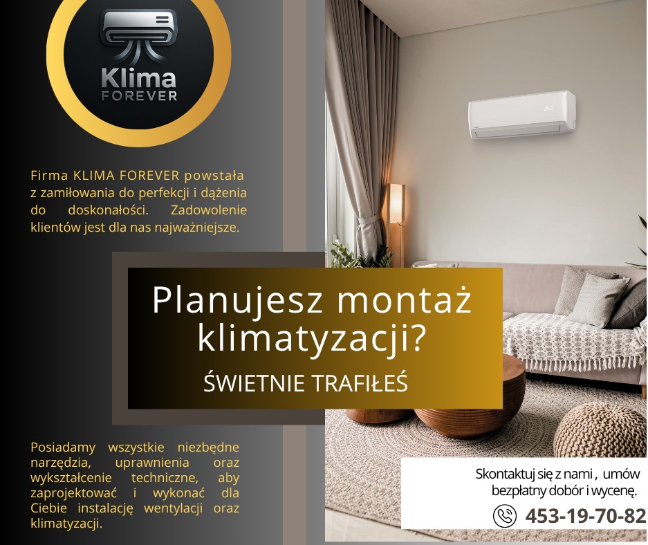 Nowoczesny klimatyzator ścienny w salonie, z logo firmy 'Klima Forever' i hasłem 'Planujesz montaż klimatyzacji?', obok numer telefonu kontaktowy.