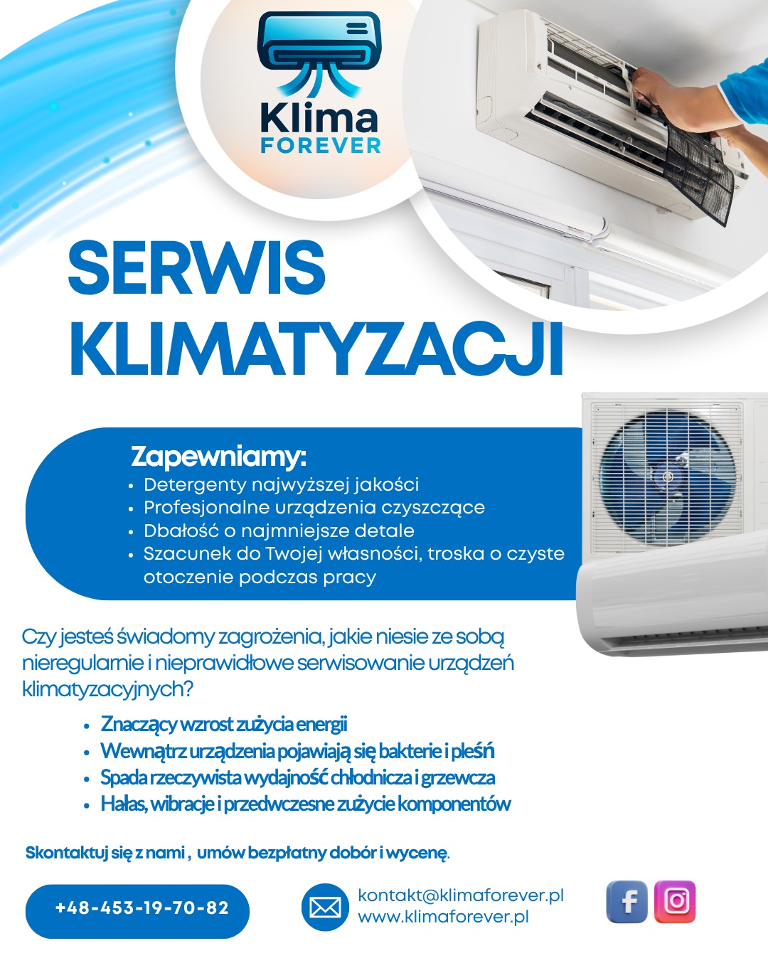 Grafika reklamowa: Serwis klimatyzacji Klima Forever. Czyszczenie klimatyzatora, dbałość o detale, profesjonalne urządzenia. Kontakt i media społecznościowe.