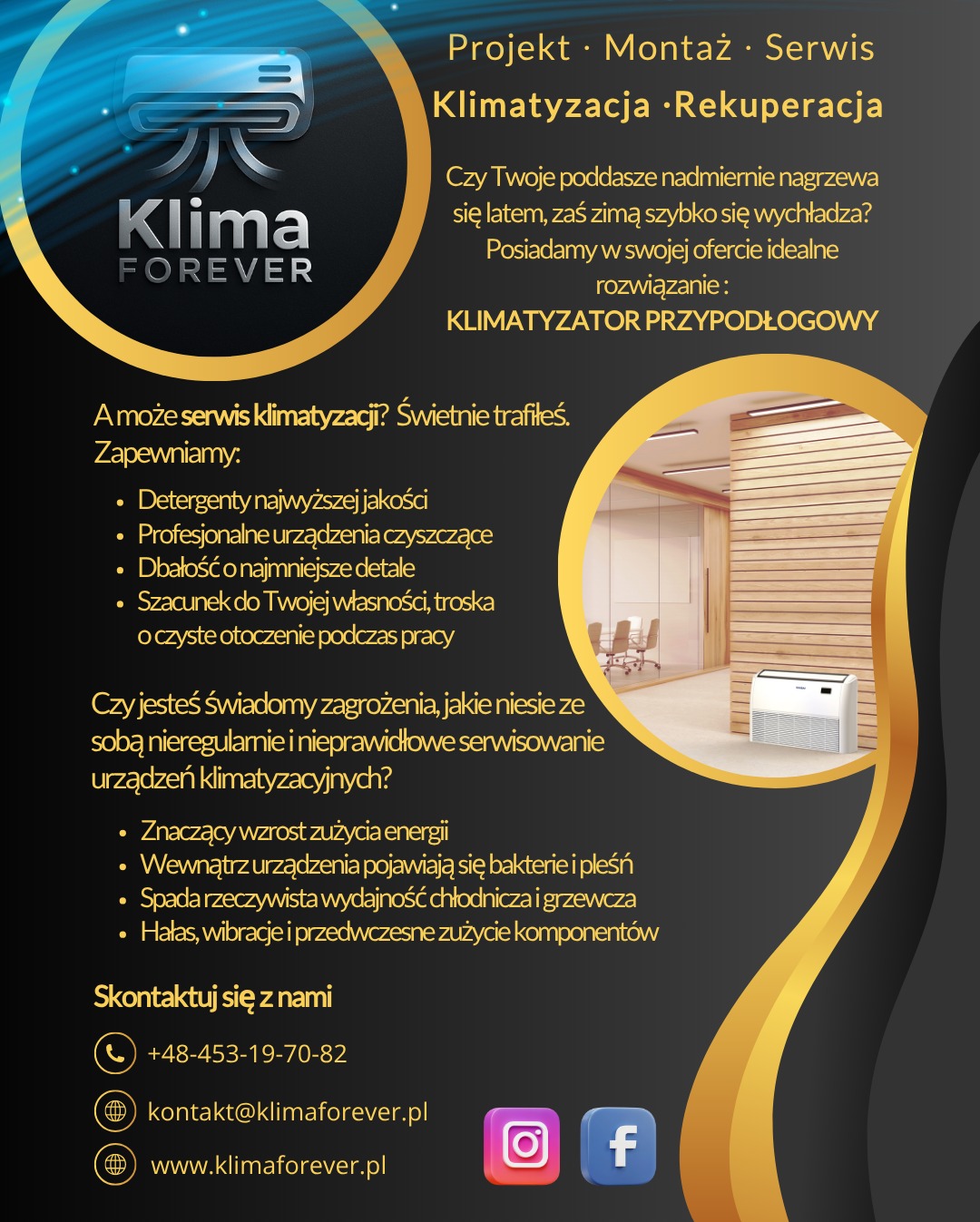 Grafika reklamowa: Klima Forever - klimatyzacja i rekuperacja. Oferta klimatyzatora przypodłogowego, serwisu klimatyzacji. Dane kontaktowe i ikony social media.