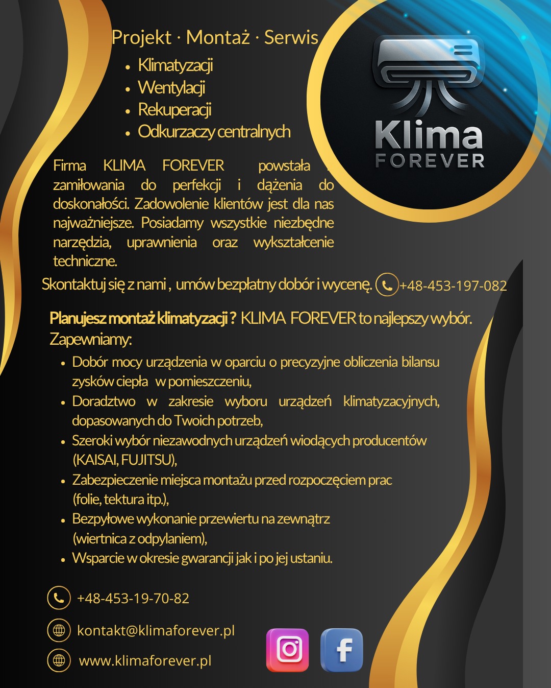 Baner reklamowy firmy Klima Forever oferującej montaż, serwis klimatyzacji, wentylacji, rekuperacji i odkurzaczy centralnych. Zawiera logo, dane kontaktowe i listę usług.
