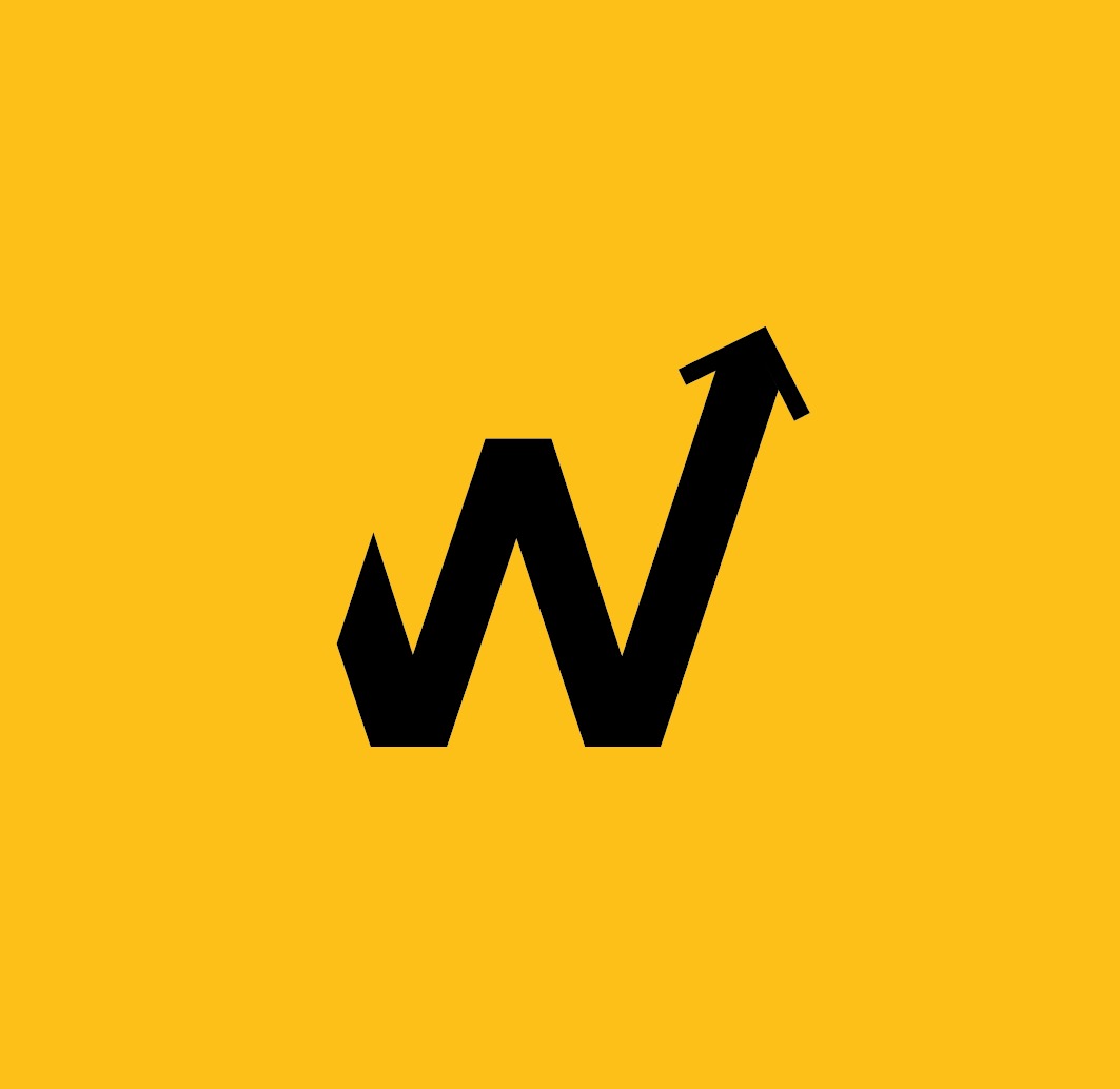 Czarny, uproszczony symbol wzrostu w kształcie litery 'W' z grot strzałki na końcu, na jednolitym, żółtym tle. Minimalistyczny design.