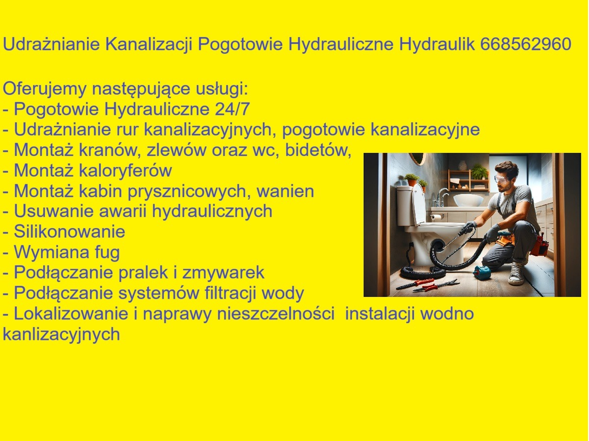 Hydraulik w okularach ochronnych udrażnia rurę toalety w łazience. Widoczne narzędzia hydrauliczne. Na żółtym tle spis usług hydraulicznych.