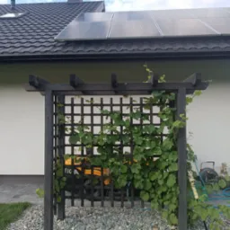 Ciemna, drewniana konstrukcja z kratownicą, obrośnięta zielonym winem, na tle jasnego domu z panelami słonecznymi. W tle widoczny żółty pojazd.