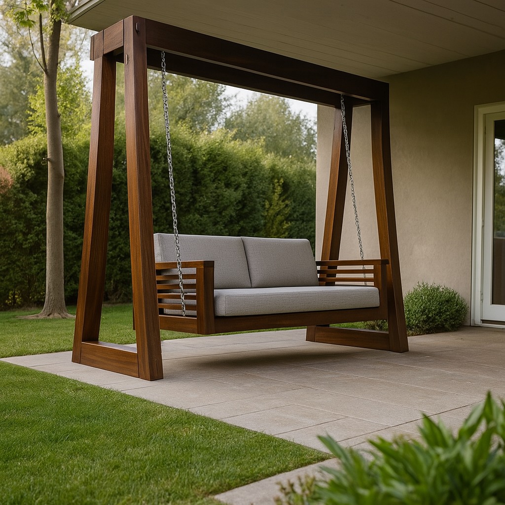 Elegancka huśtawka ogrodowa z ciemnego drewna na łańcuchach, z jasnoszarą tapicerką, ustawiona na tarasie z kostki, z zielonym trawnikiem w tle. Minimalistyczny design.