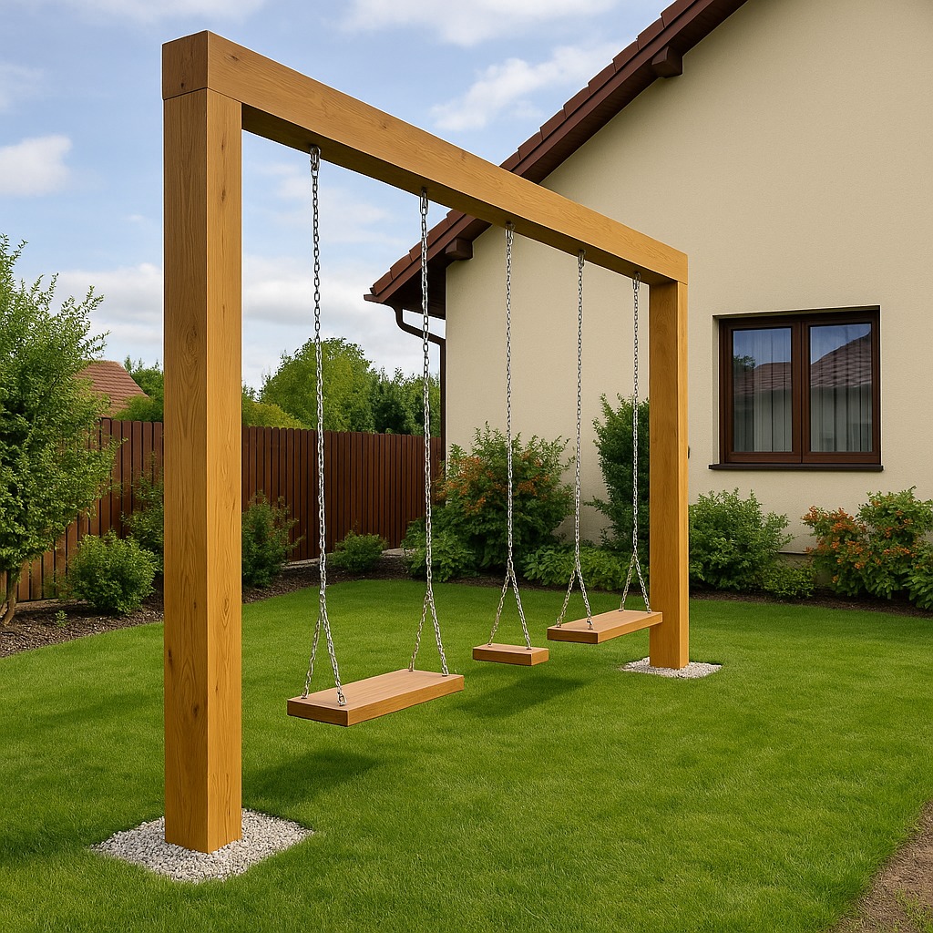 Drewniana huśtawka ogrodowa z trzema siedziskami, zawieszona na łańcuchach, na tle zadbanego trawnika i domu z brązowymi oknami.