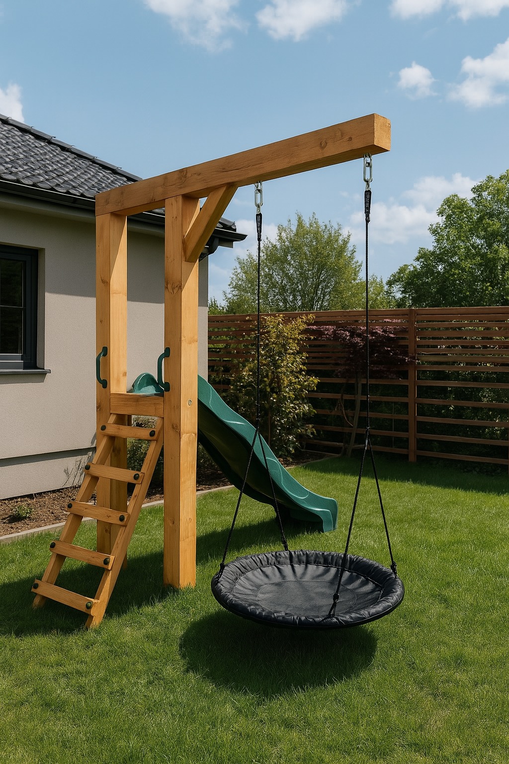 Drewniany plac zabaw z huśtawką typu gniazdo i zieloną zjeżdżalnią na trawniku, na tle domu z ciemną dachówką i drewnianego ogrodzenia.