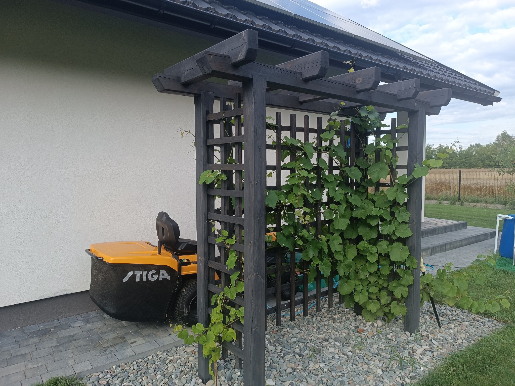 Ciemna, drewniana pergola z pnącymi roślinami, obok zaparkowana żółta kosiarka. Tło to trawnik i fragment domu z panelami słonecznymi.