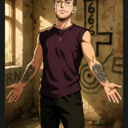 Anime-stylized portrait of a man with glasses and tattoos, standing in a derelict, graffiti-covered building. Light streams through a window.