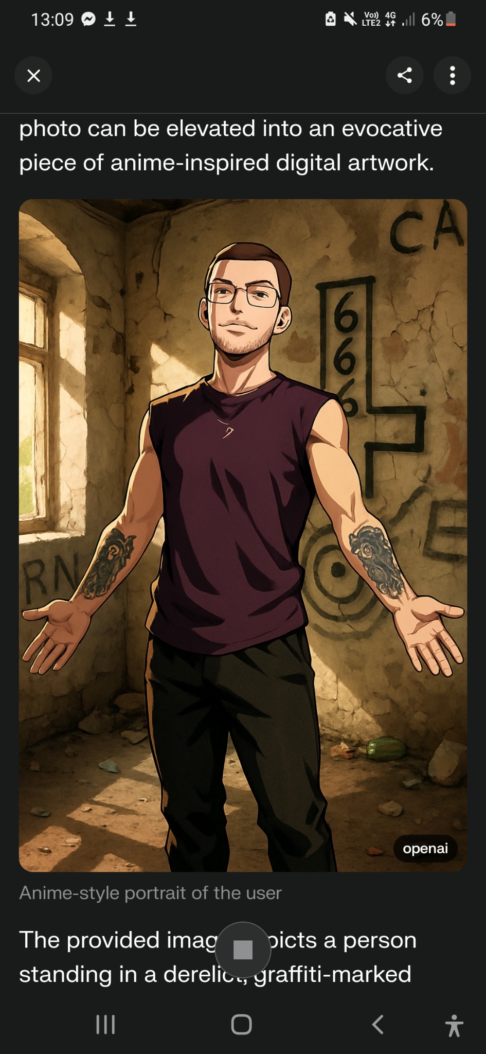 Anime-stylized portrait of a man with glasses and tattoos, standing in a derelict, graffiti-covered building. Light streams through a window.