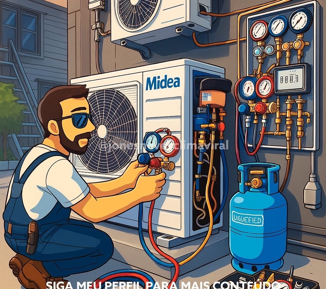 Ilustracja: Mężczyzna w kombinezonie serwisuje klimatyzator Midea, używając manometru. Widoczna butla z gazem i panel sterowania. Ujęcie z zewnątrz budynku.