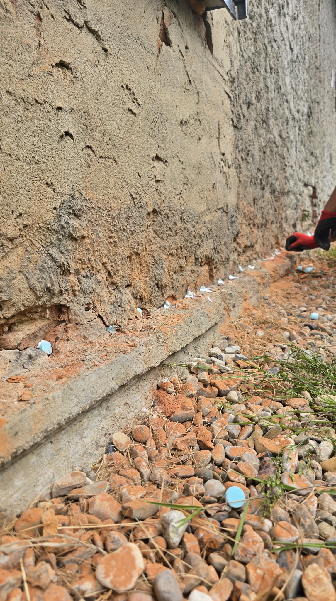 Iniekcja krystaliczna w zawilgoconej ścianie budynku. Widoczne nawiercone otwory wypełnione preparatem, kamienny fundament i dłoń w czerwonej rękawicy.