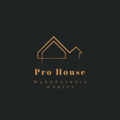 Minimalistyczne logo firmy 'Pro House' z konturem domu i napisem 'Wykończenia wnętrz' na ciemnym tle, w eleganckiej złotej kolorystyce.