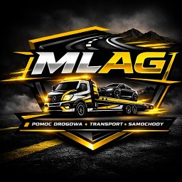 ML Autogroup Mikołaj Lachiewicz - Grafika lawety z samochodem na tle gór i drogi, z napisem 'MLAG' i hasłem 'Pomoc Drogowa • Transport • Samochody' w czarno-żółtej kolorystyce.