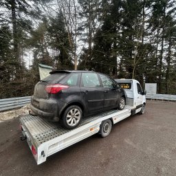 ML Autogroup Mikołaj Lachiewicz - Czarny, zabrudzony Citroen C4 Picasso na lawecie w lesie. Tablica informacyjna w tle. Widoczny numer telefonu lawety.