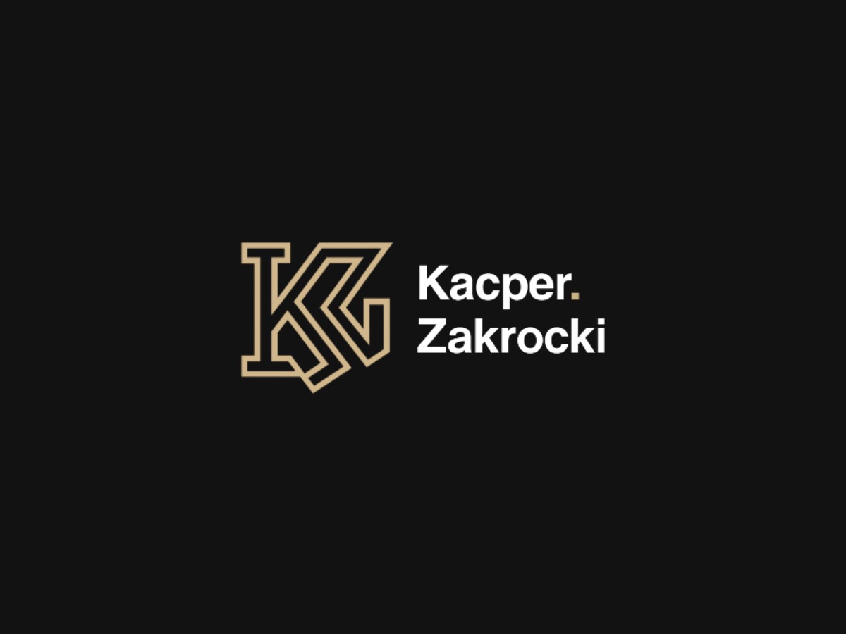 Eleganckie logo z geometrycznym symbolem 'KZ' w kolorze złotym, obok biały napis 'Kacper. Zakrocki' na czarnym tle. Minimalistyczny design.