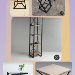 Kolaż prezentuje meble: stołek barowy z drewnianym siedziskiem i metalową podstawą, regał z półkami, stolik kawowy ze szklanym blatem i stolik z drewnianym blatem.