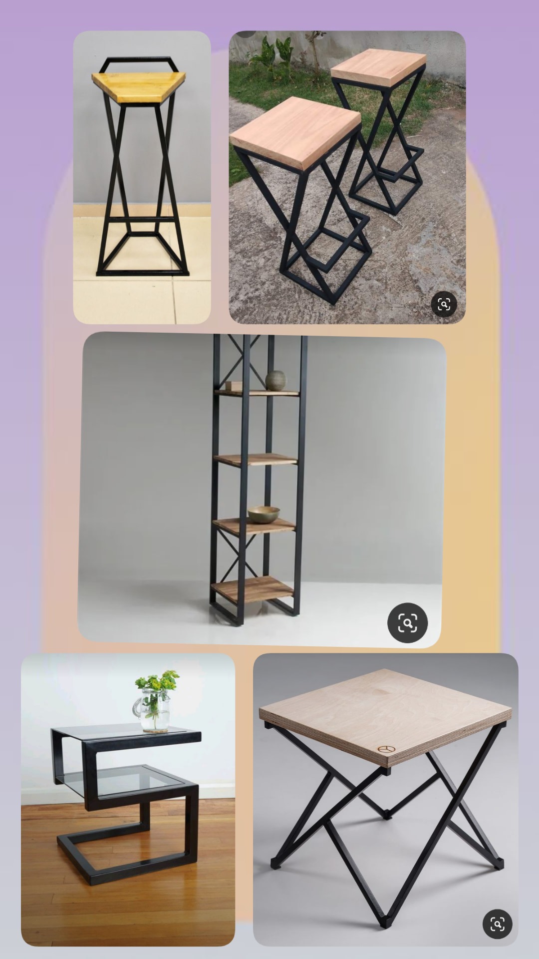 Kolaż prezentuje meble: stołek barowy z drewnianym siedziskiem i metalową podstawą, regał z półkami, stolik kawowy ze szklanym blatem i stolik z drewnianym blatem.