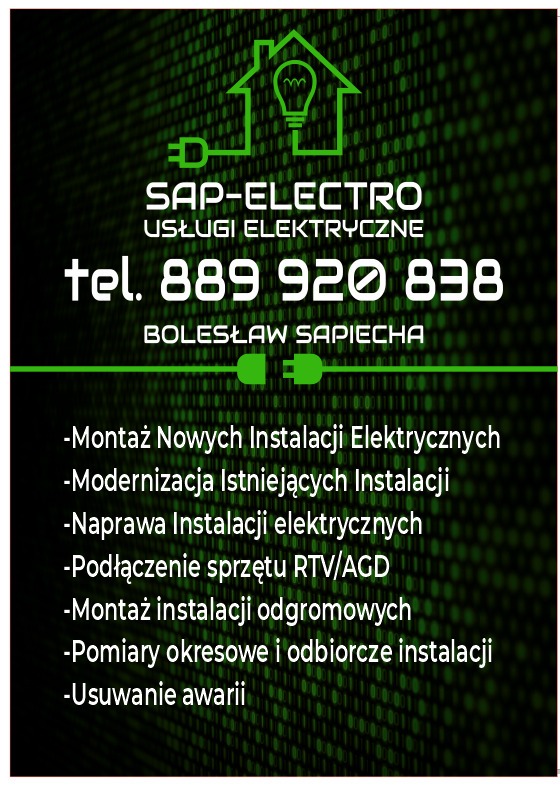 Grafika reklamowa firmy SAP-ELECTRO. Logo firmy z symbolem domu i żarówki, numer telefonu, imię i nazwisko oraz lista oferowanych usług elektrycznych.