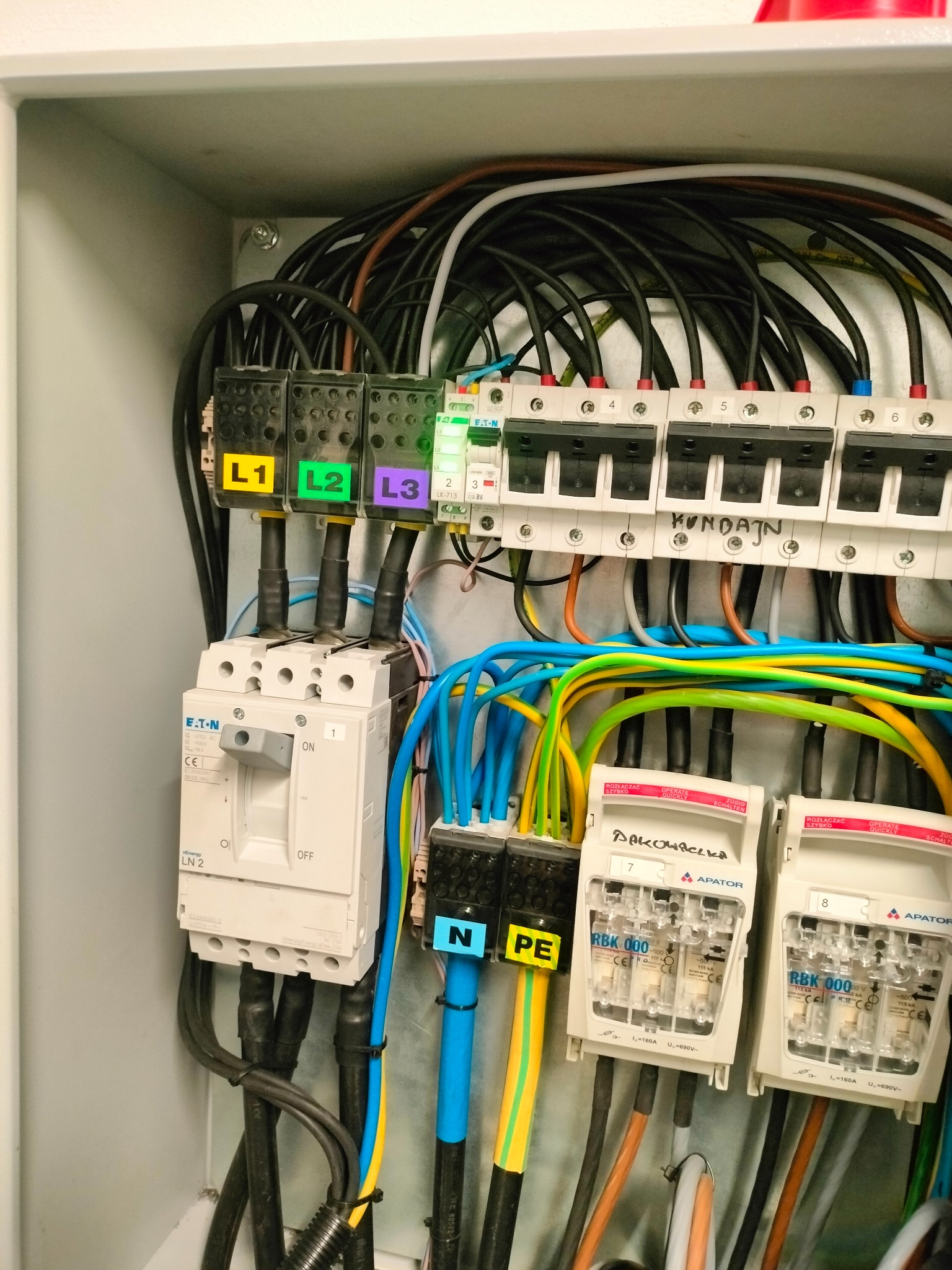 Wnętrze skrzynki elektrycznej z bezpiecznikami, przewodami oznaczonymi L1, L2, L3, N i PE oraz wyłącznikiem EATON. Widoczne napisy 'KUNDAJN' i 'PAKOWACZKA'.