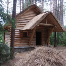 Drewniana altana z dachem krytym strzechą, otoczona drzewami. Widoczny stos słomy, sugerujący świeżo wykonane pokrycie dachu. Naturalne materiały budowlane.