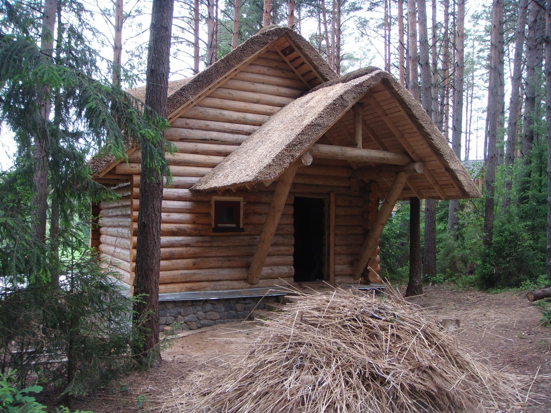 Drewniana altana z dachem krytym strzechą, otoczona drzewami. Widoczny stos słomy, sugerujący świeżo wykonane pokrycie dachu. Naturalne materiały budowlane.