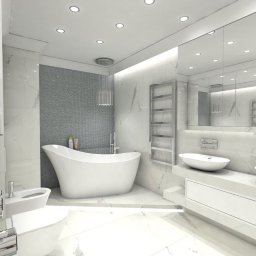 Maximus - Elegancka, jasna łazienka z wolnostojącą wanną, marmurowymi płytkami i dużym lustrem. Minimalistyczny design z chromowanymi akcentami i subtelnym oświetleniem punktowym.