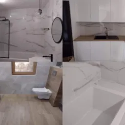 Nowoczesna aranżacja wnętrz: łazienka z marmurowymi płytkami i czarną armaturą, oraz kuchnia z białymi szafkami i drewnianym blatem. Zestawienie elegancji i funkcjonalności.