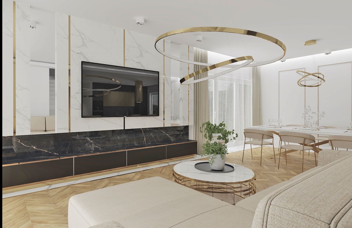 Eleganckie wykończenie wnętrza salonu z marmurową ścianą, podświetlanym telewizorem i złotymi akcentami. Widoczny stół z krzesłami i nowoczesna lampa.