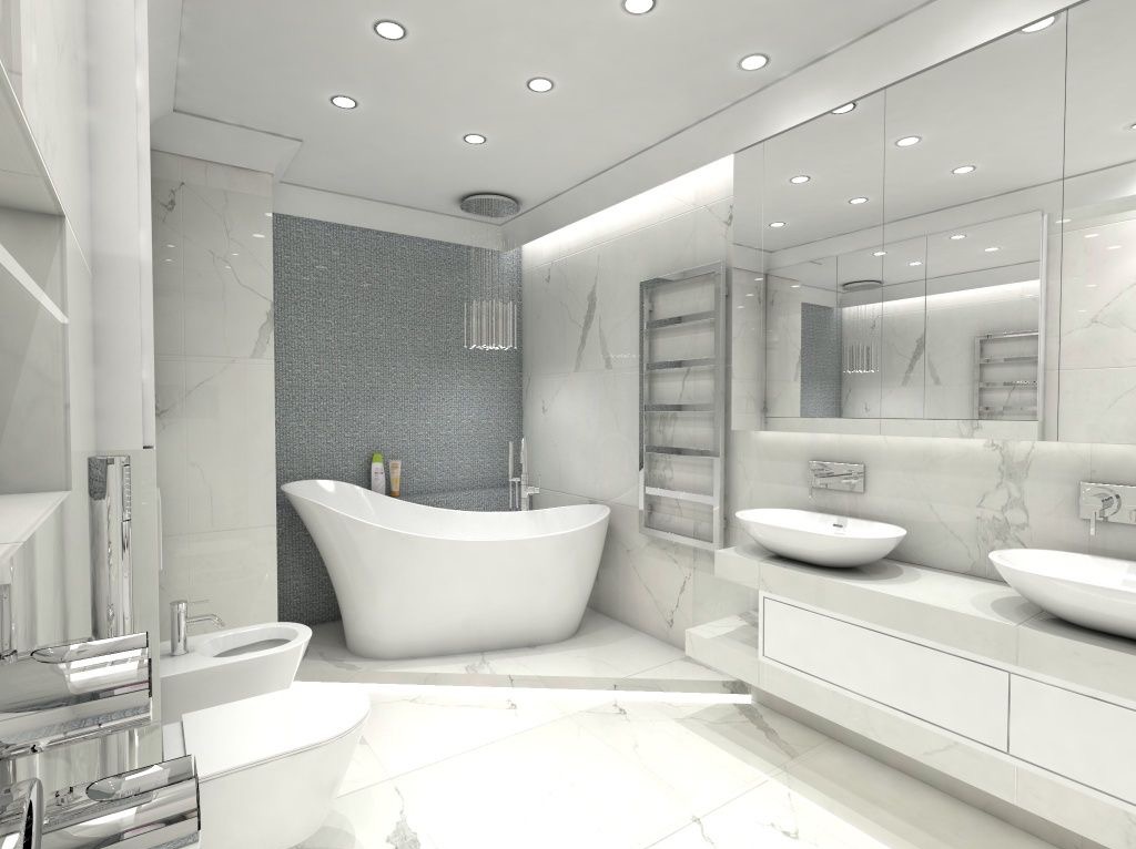 Elegancka, jasna łazienka z wolnostojącą wanną, marmurowymi płytkami i dużym lustrem. Minimalistyczny design z chromowanymi akcentami i subtelnym oświetleniem punktowym.