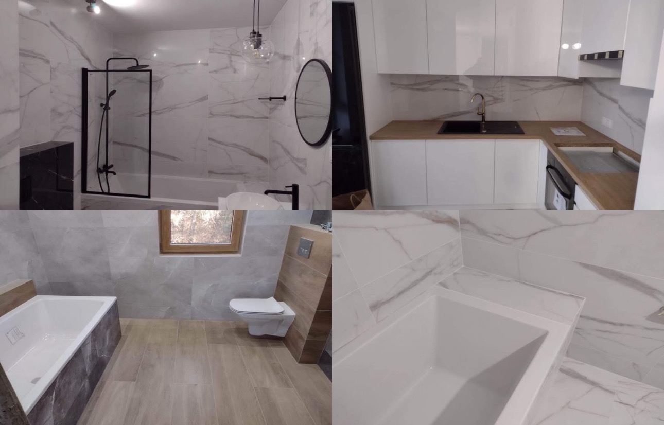 Nowoczesna aranżacja wnętrz: łazienka z marmurowymi płytkami i czarną armaturą, oraz kuchnia z białymi szafkami i drewnianym blatem. Zestawienie elegancji i funkcjonalności.