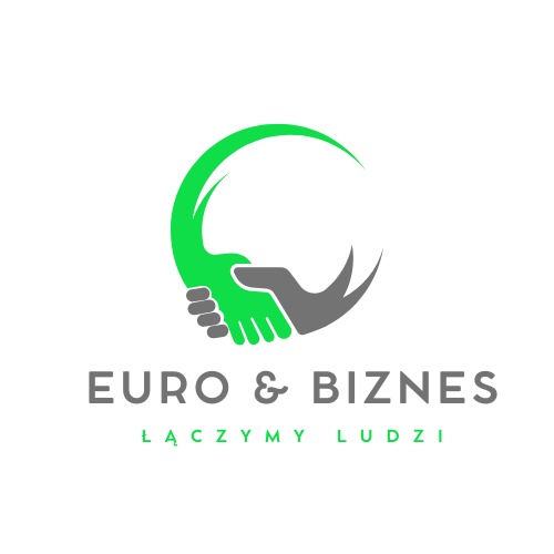 Logo firmy Euro & Biznes z zielono-szarym symbolem dłoni w okręgu i hasłem 'Łączymy ludzi'.