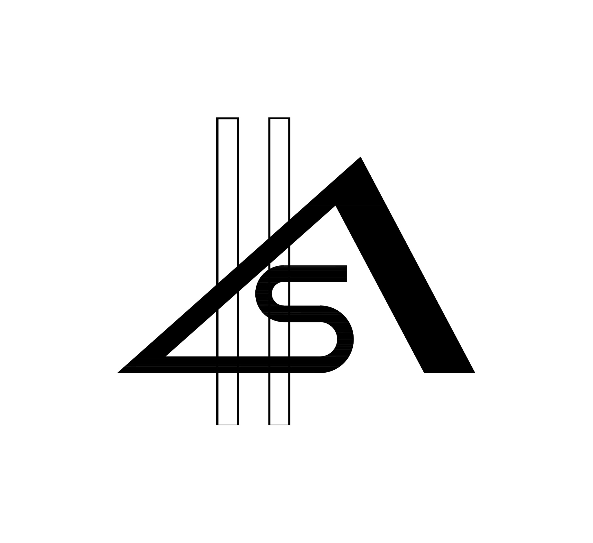 Geometryczny logotyp firmy z Krakowa: czarny trójkąt, litera S i pionowe linie. Minimalistyczny projekt w czerni i bieli, na białym tle.