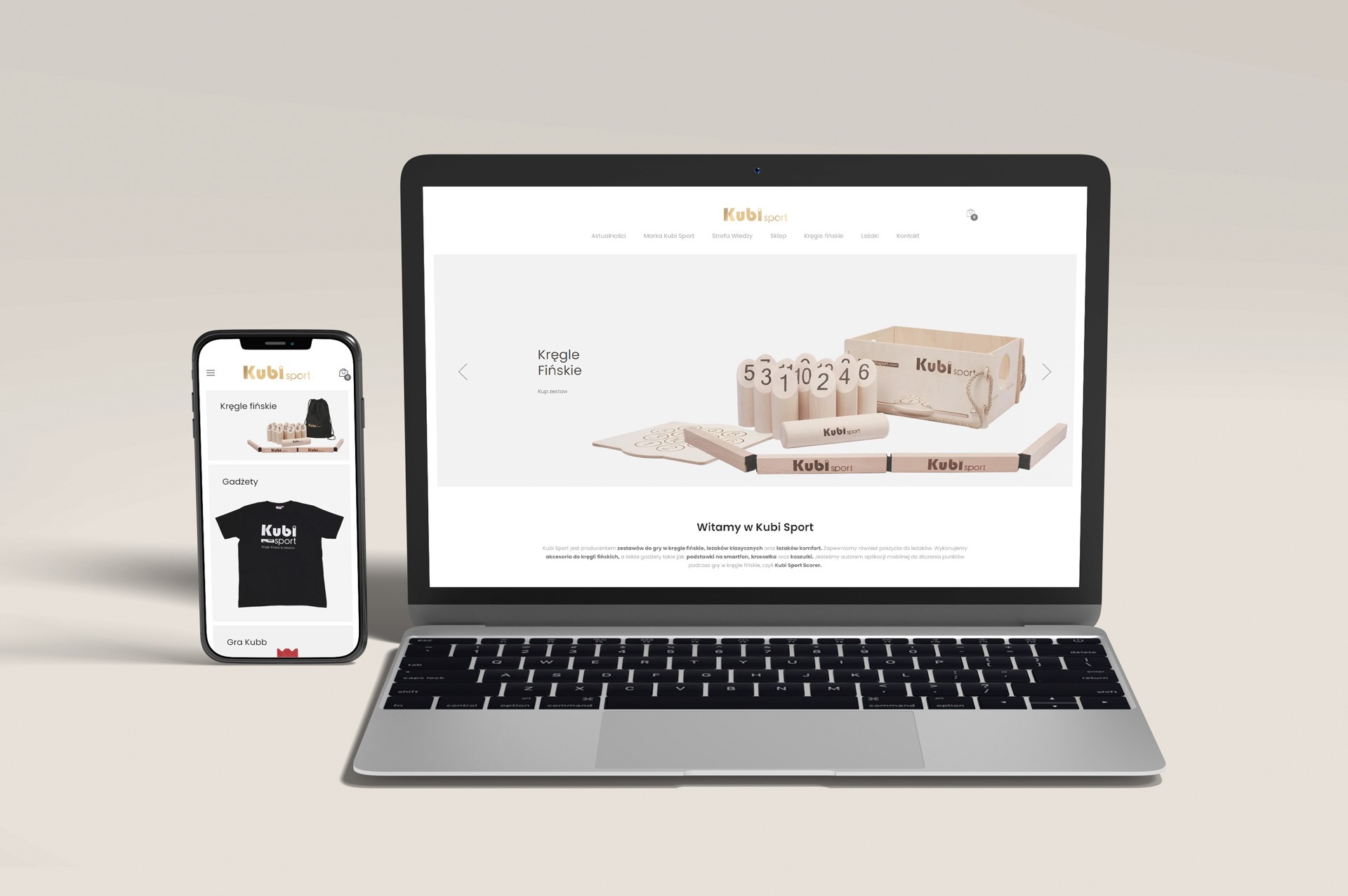 Laptop i smartfon prezentują stronę sklepu KubiSport z kręglami fińskimi i gadżetami. Minimalistyczny design, jasne tło, czytelna nawigacja, nowoczesny interfejs.
