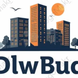 Grafika z sylwetką miasta z budynkami, drzewami i słońcem na tle, z napisem 'DlwBud' na dole. Minimalistyczny design w odcieniach niebieskiego i pomarańczowego.