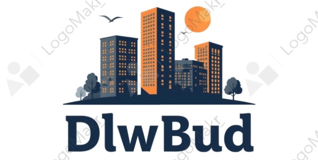 Grafika z sylwetką miasta z budynkami, drzewami i słońcem na tle, z napisem 'DlwBud' na dole. Minimalistyczny design w odcieniach niebieskiego i pomarańczowego.