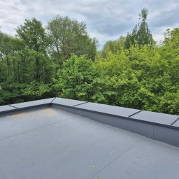 Len-dach - Szary, płaski dach z obróbkami blacharskimi na tle zieleni drzew i pochmurnego nieba. Widok z góry.