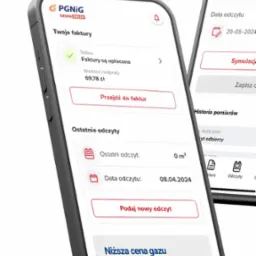 Aplikacja mBOK 3.0 PGNiG na smartfonie prezentująca opłacone faktury i możliwość podania odczytu licznika gazu. Widok ekranu z bliska.