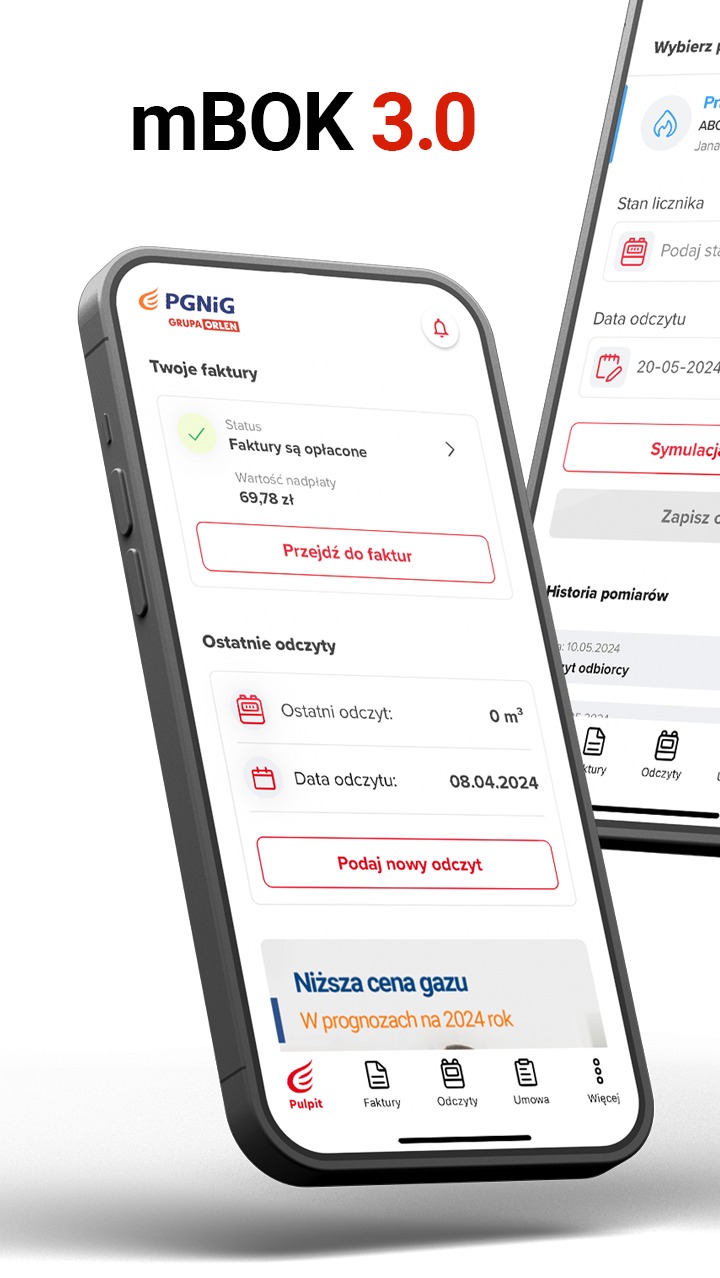 Aplikacja mBOK 3.0 PGNiG na smartfonie prezentująca opłacone faktury i możliwość podania odczytu licznika gazu. Widok ekranu z bliska.