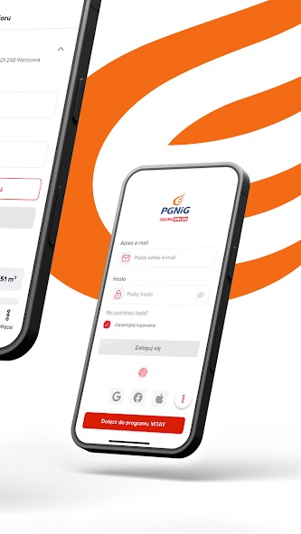 Ekrany smartfonów prezentują interfejs logowania do aplikacji PGNIG z polami na e-mail, hasło i opcje logowania przez Google, Facebook, Apple oraz przycisk do programu VITAY.
