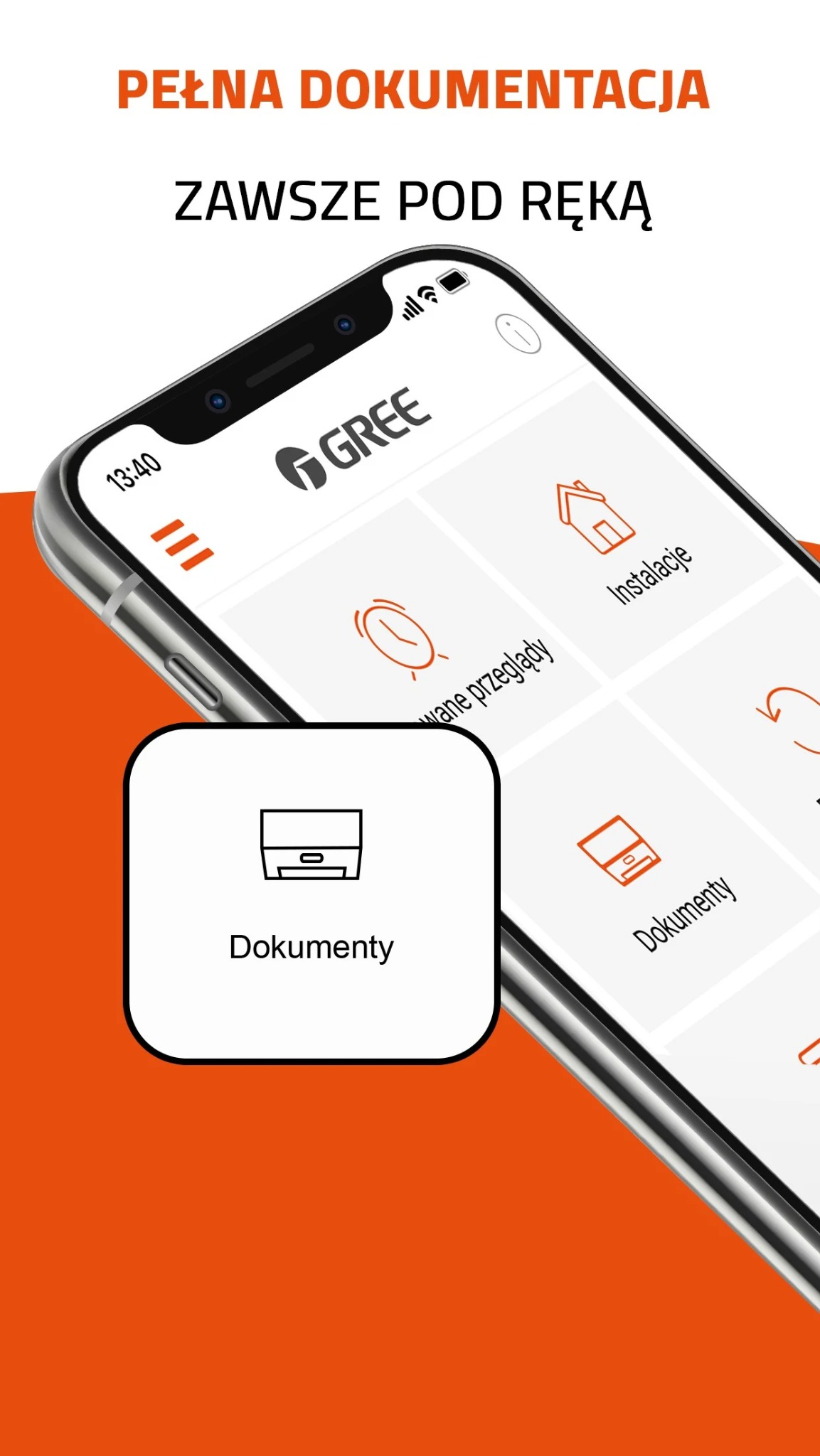 Ekran smartfona z aplikacją Gree, prezentującą opcje: Dokumenty, Instalacje i inne. Pomarańczowe akcenty, napis 'Pełna dokumentacja zawsze pod ręką'.