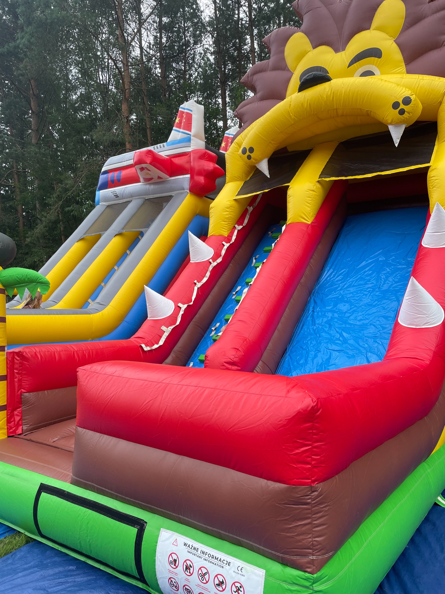 Kolorowy dmuchany zamek ze zjeżdżalniami w kształcie lwa i samolotu, ustawiony na trawie, otoczony drzewami. Atrakcja dla dzieci na imprezę plenerową.