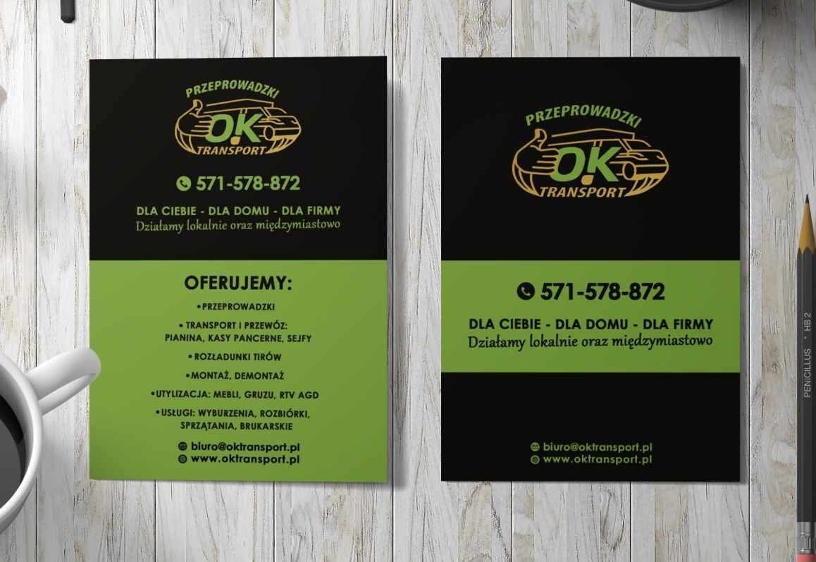 Dwie wizytówki firmy transportowej z logo OK Transport, numerem telefonu i ofertą: przeprowadzki, transport, rozładunki TIRów, utylizacja, wyburzenia, sprzątanie.