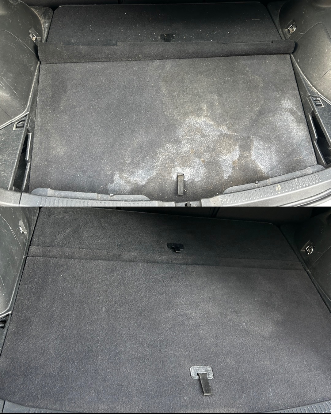 Przed i po: Czyszczenie tapicerki bagażnika samochodowego. Widoczne plamy usunięte, przywrócona czysta, czarna powierzchnia dywanu.